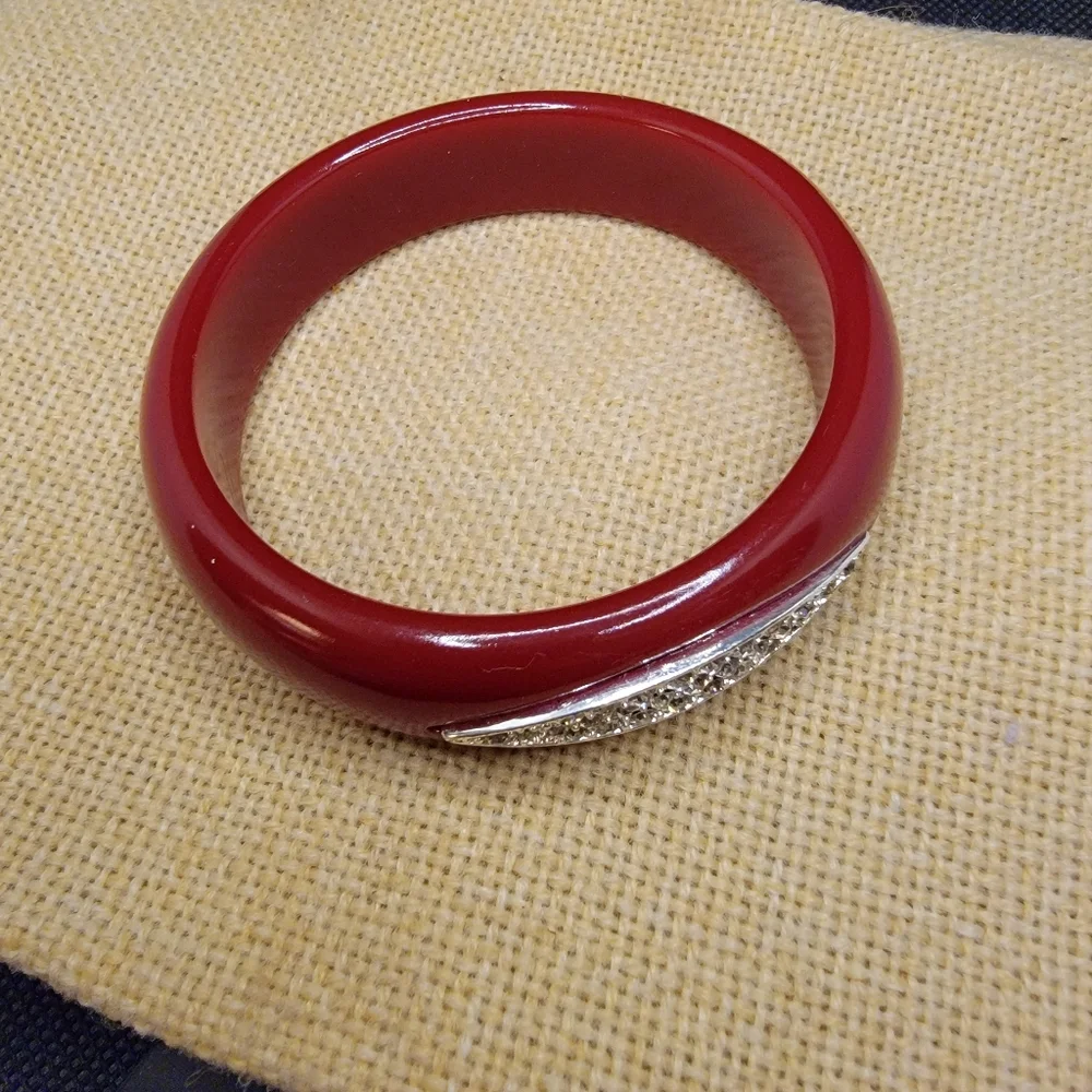 Red Lucite Pave Accent Bangle Bracelet Rouge Red Bracelet Accent Diamond Pave
